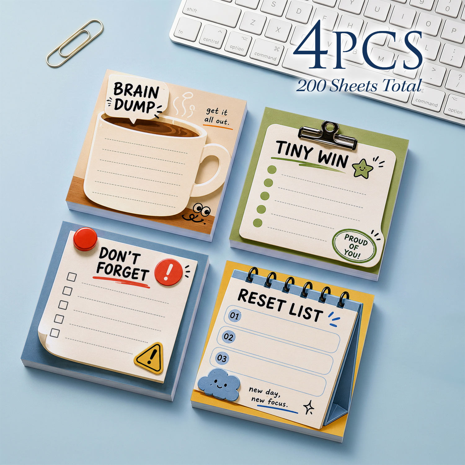 TEMU 4pcs 200 Sheets Total Productivity Sticky Notes, 75x75mm 3x3 Inch, Tiny Win Reset List Memo Pads, Self-adhesive Reminder Notes For Office School