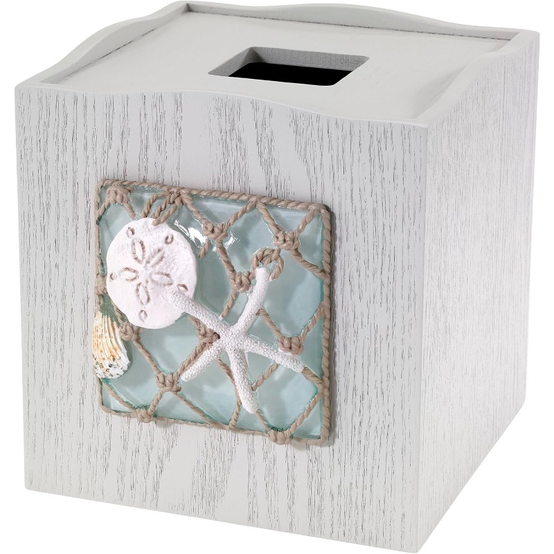 1pc coastal tissue box cover - elegant beach bathroom decor in turquoise  , decorative resin storage lid with  ,   collection - compatible with tissue boxes, candles, soap dispensers - easy-clean bathroom organizer for coastal home décor - hand-painted resin design, food-safe, hand wash only, round shape, seaside-inspired with turquoise glass accents, tissue holder bathroom Product details 0