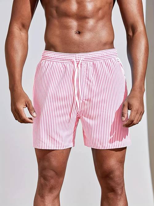 mens beach shorts summer essential pink with white vertical stripes quick dry swim trunks for beach pool vacation surfing swimming casual wear printed design not textured