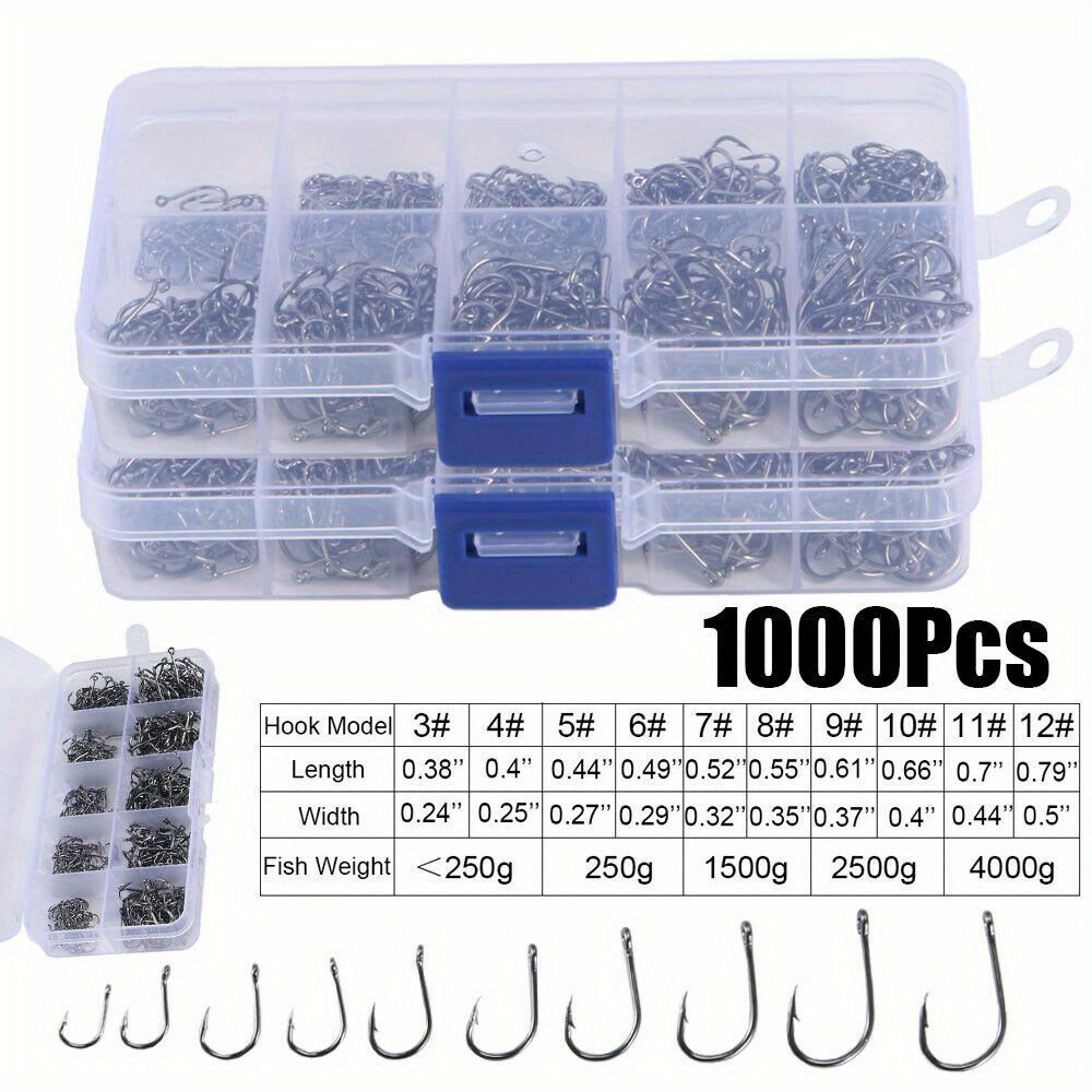 

1000pcs Hooks Set - Steel, , -size, Sharp Tip, Tying, , Kit Storage Box