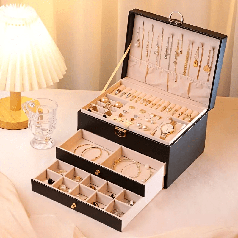 2025 best-selling locking jewelry box with three layers, large capacity soft lining for earrings rings necklaces storage Product details 5