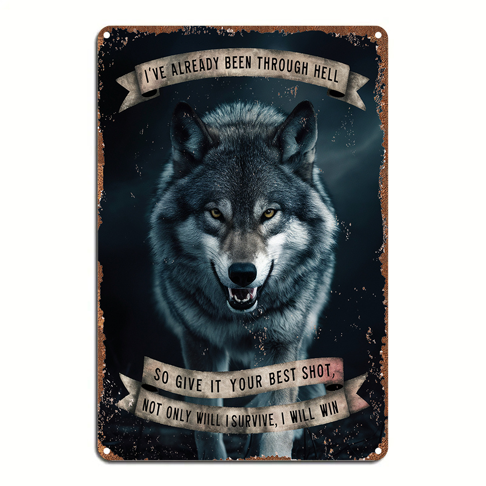TEMU 2d Flat, 1pc Vintage Wolf Metal Wall Art Sign - Rustic " Through " Wolf At Camera Design - Waterproof & Dustproof Durable Aluminum Poster For