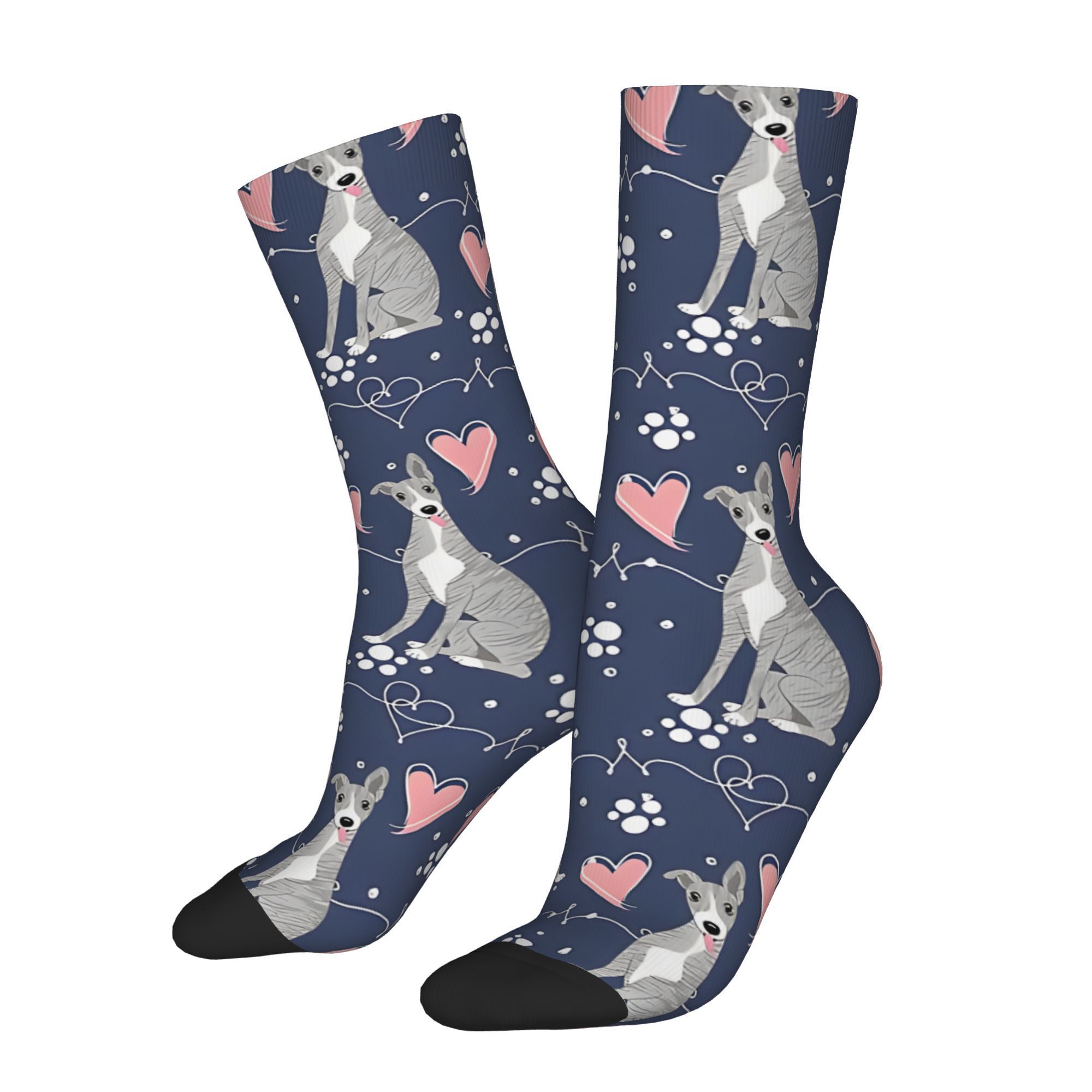 

1 Pair Blue Brindle Whippet Love Socks – Fun Printed Novelty Crew Socks With Hearts, Stars & , Knee- For , Polyester , Hand Wash Or , Cute Socks