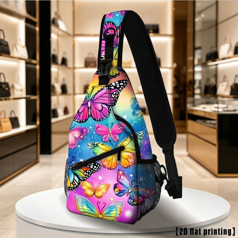 TEMU Colorful Butterflies, Women's And Unisex Adjustable Crossbody Chest Backpack - Folding Large Capacity Compact Travel Pack Suitable For Hiking,