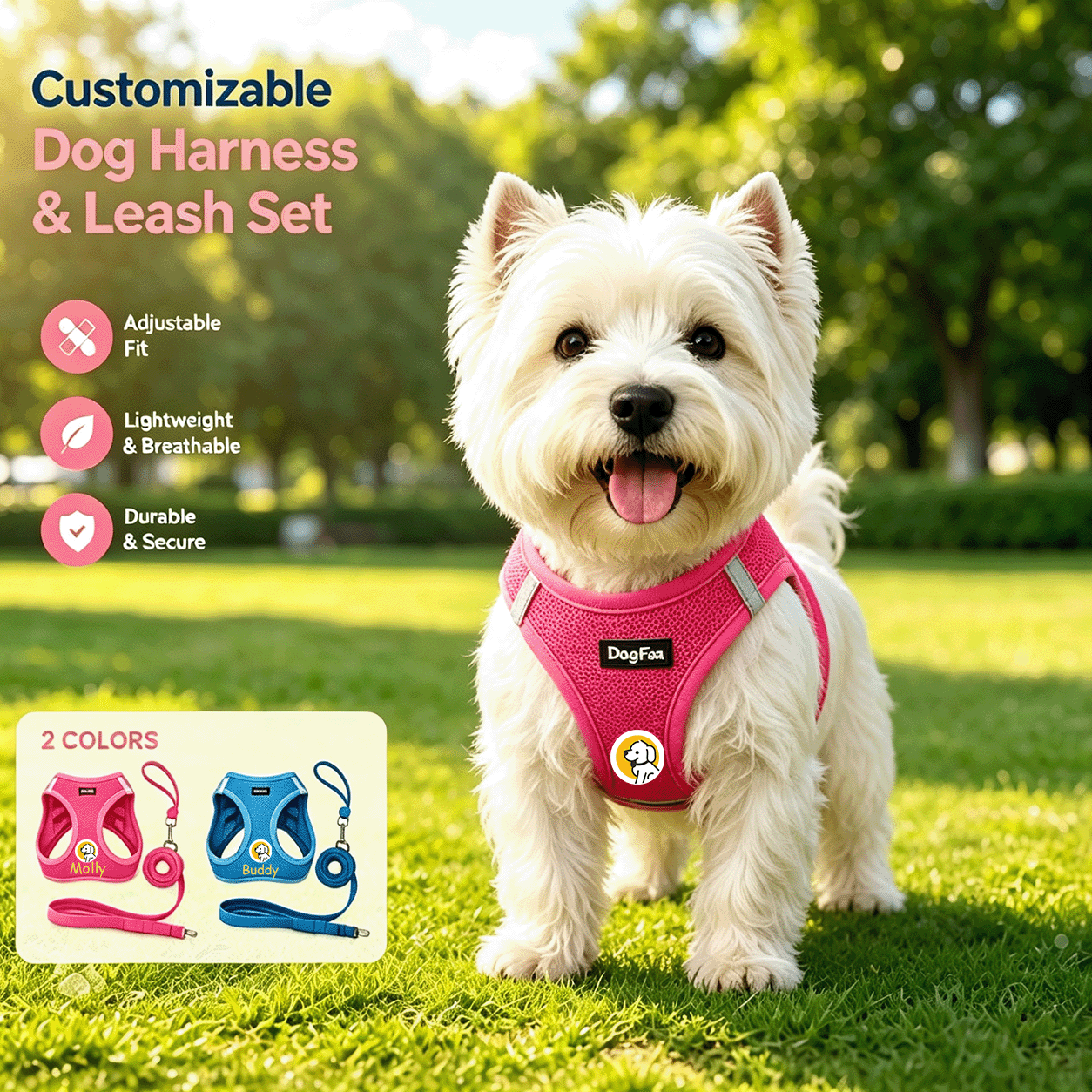 Customizable Name Chest Harness Set for Dogs with Cartoon Pattern