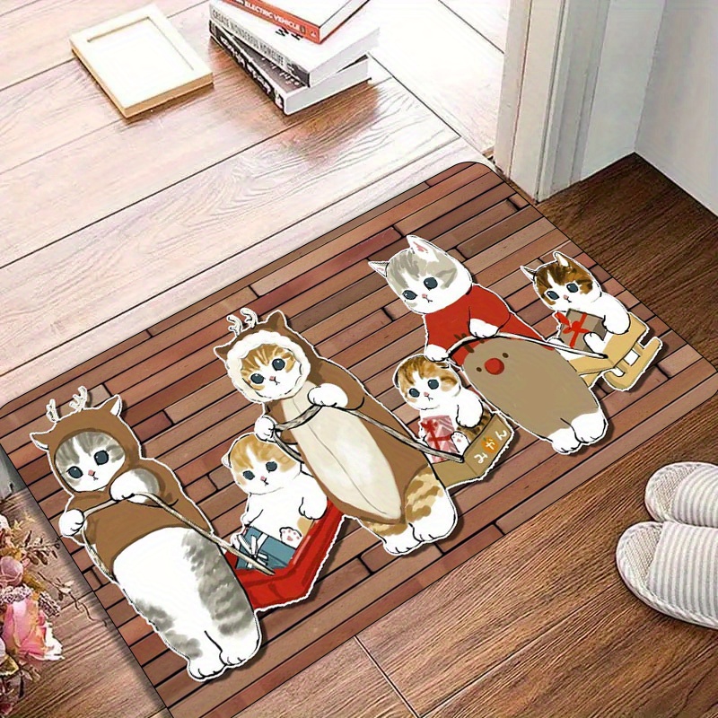 TEMU Christmas And Kittens Rug, -slip Thickened Polyester Mat, Machine , For , , Entryway, Balcony Decor - 1pc