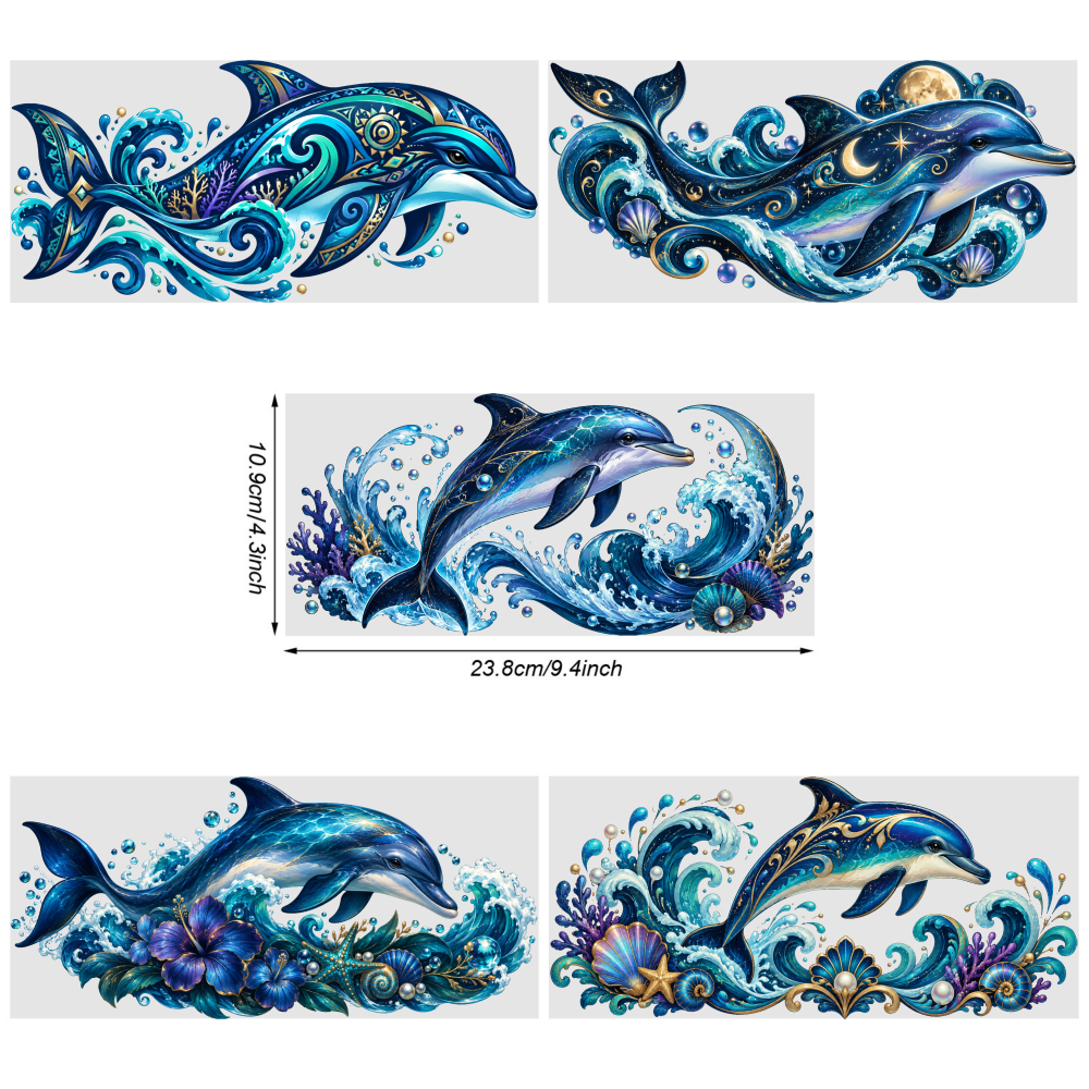 TEMU 5pcs Dolphin Wave Uv Dtf Stickers, Uv Dtf Cup Wrap Transfers, Suitable For Mugs And Water Bottles, High Quality Self-adhesive Stickers, Dtf