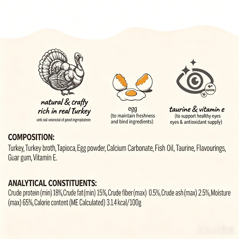 80g butter flavored turkey and egg yolk wet grain bag 90 moisture genuine high quality turkey protein resealable lid   beneficial for   portable   suitable for cats and dogs   by picky   Product details 10