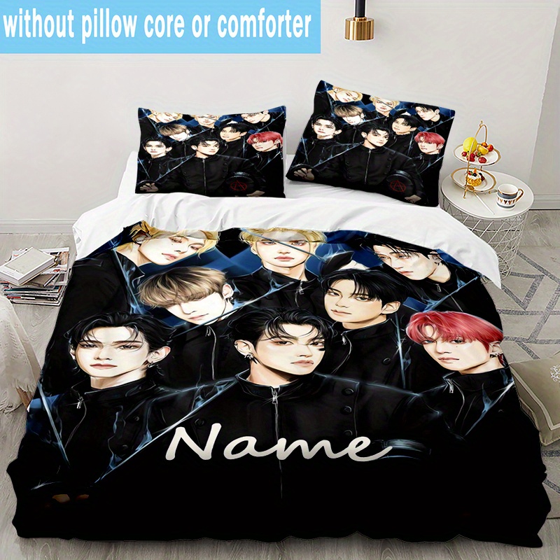 

K-pop Set Customizable Name/ - 3pcs Bedding Set , Washable, Tear-, Includes 1 And 2 Pillowcases - For Bedroom Decor And