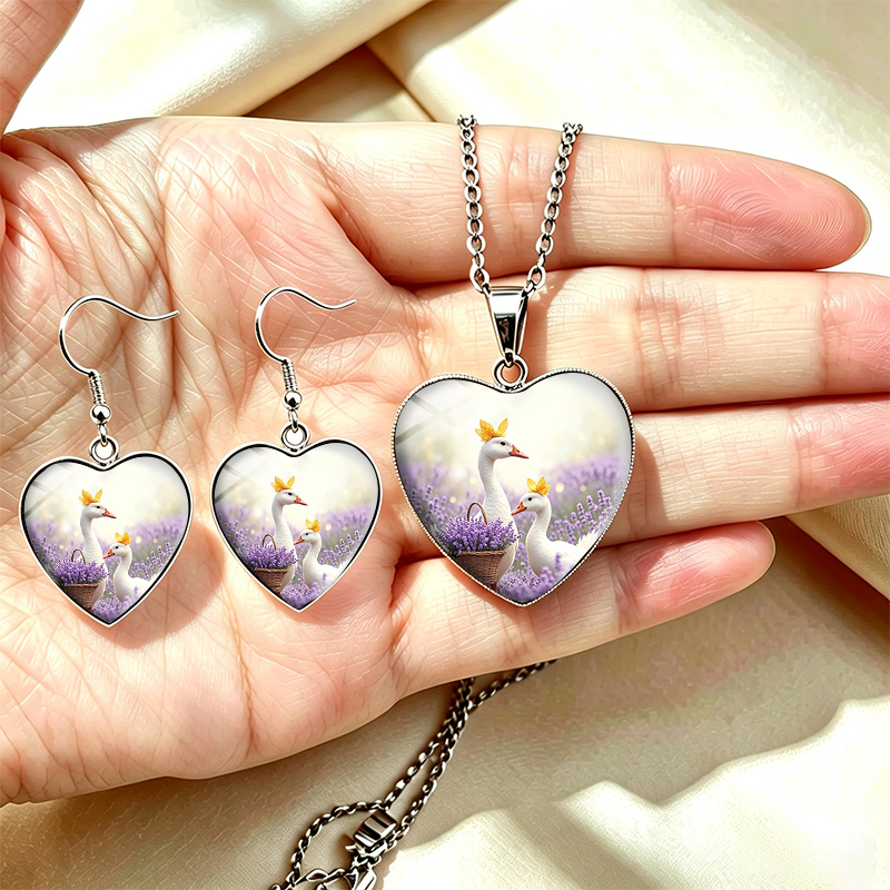3pc Handmade Lavender Field Goose Necklace & Earrings Set