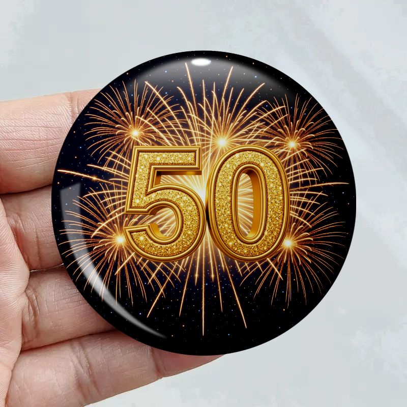 TEMU 1pc 5.8cm Golden Fireworks Brooch Badge - Round Suitable For Jeans, Clothes, Backpacks & Hats, Golden Firework Design For Parties, Graduation