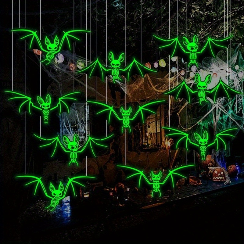 TEMU 10pcs Glowing Bats Halloween Decorations With Skeleton Sticks - Self-lit Spooky Flying Bats With Glowing Eyes, No Electricity Needed, Durable