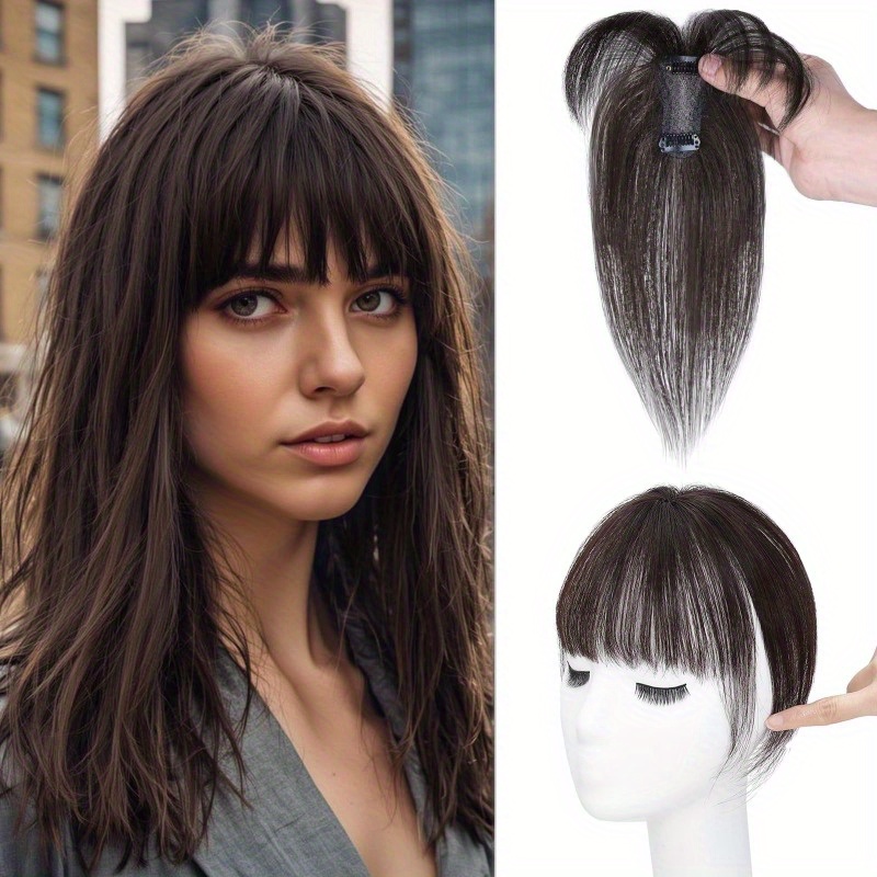 1pc human hair t shaped wig block cover with french bangs straight hair hair topper for women men real human hair easy to tidy match styles elegant     hair wig versatile hairstyle enhancer   cap details 0
