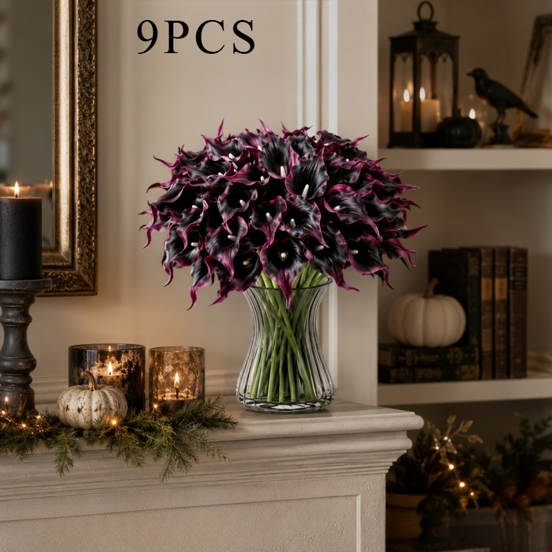 TEMU Lot de 9 fleurs artificielles de calla noires et violettes, bouquet de fausses fleurs au , décoration de style gothique pour chambre, table à