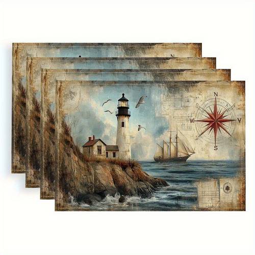 set of 4 vintage nautical lighthouse maritime chart placemats fabric table mats with 18 x11 8 45x30cm large dining table decor for coastal home beach housewarming gift rustic brown golden marine navigation aids hand wash only retro chart patterns set of four placemats for kitchen dining room decor