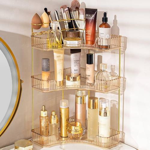 assembled vanity shelf corner bathroom shelf countertop and brush holder tough material 20lb capacity corner counter storage bathroom vanity amber golden