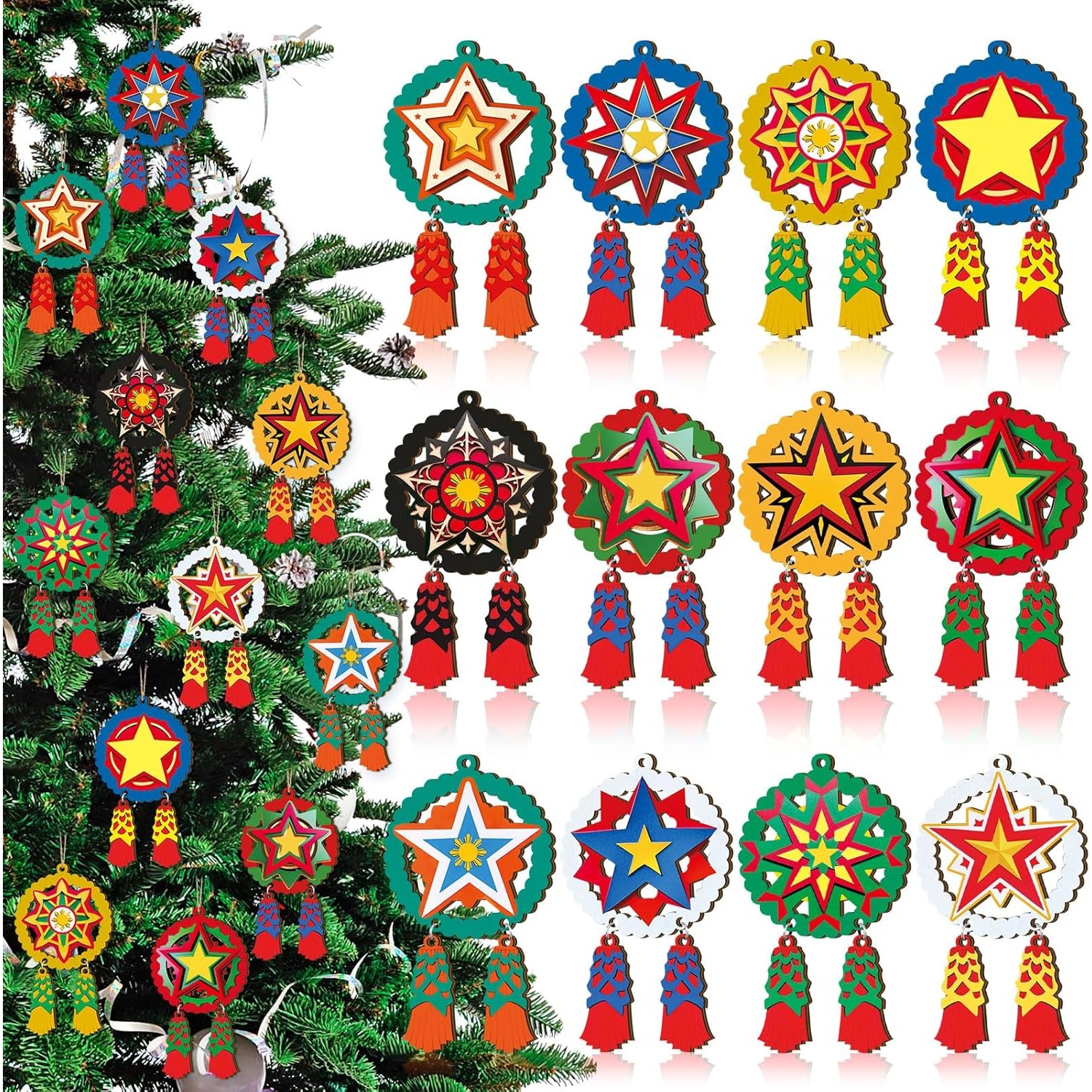 TEMU 12pcs Traditional Filipino Mini Ornaments - Capiz Star Window Hanging Decorations With Star For Tree, Rustic Christmas, Philippine Holiday Decor