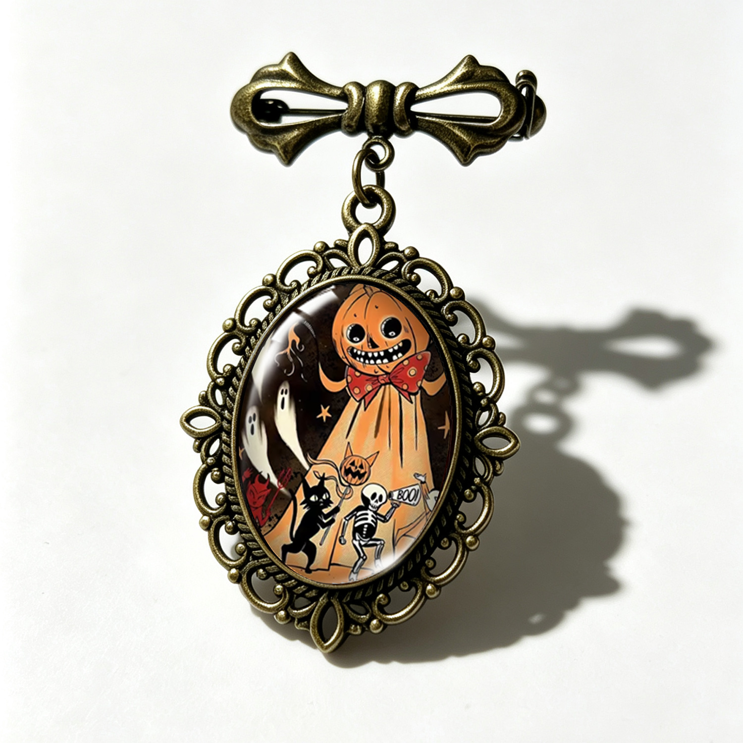 TEMU 1pc Halloween Pumpkin Skull Black Cat "boo" Art Oval Glass Round Sculpture Lapel Pin, Mysterious Halloween Jewelry Accessory Gift