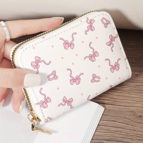 stylish retro bow print zipper wallet lightweight durable polyester credit card holder coin purse with multiple compartments for school college dorm daily essentials school dorm essentials retro cute wallet