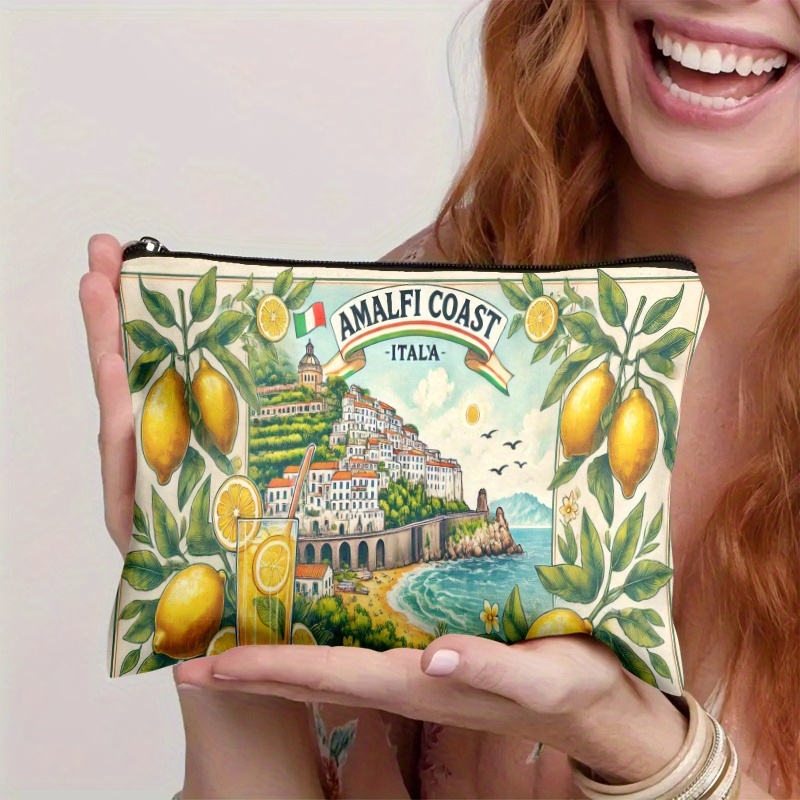 TEMU 1pc Amalfi Makeup Bag With Zipper - Vibrant Italian-themed Pouch, Lemon And Design, Durable And Fade-resistant, Ideal For Cosmetics, Stationery,