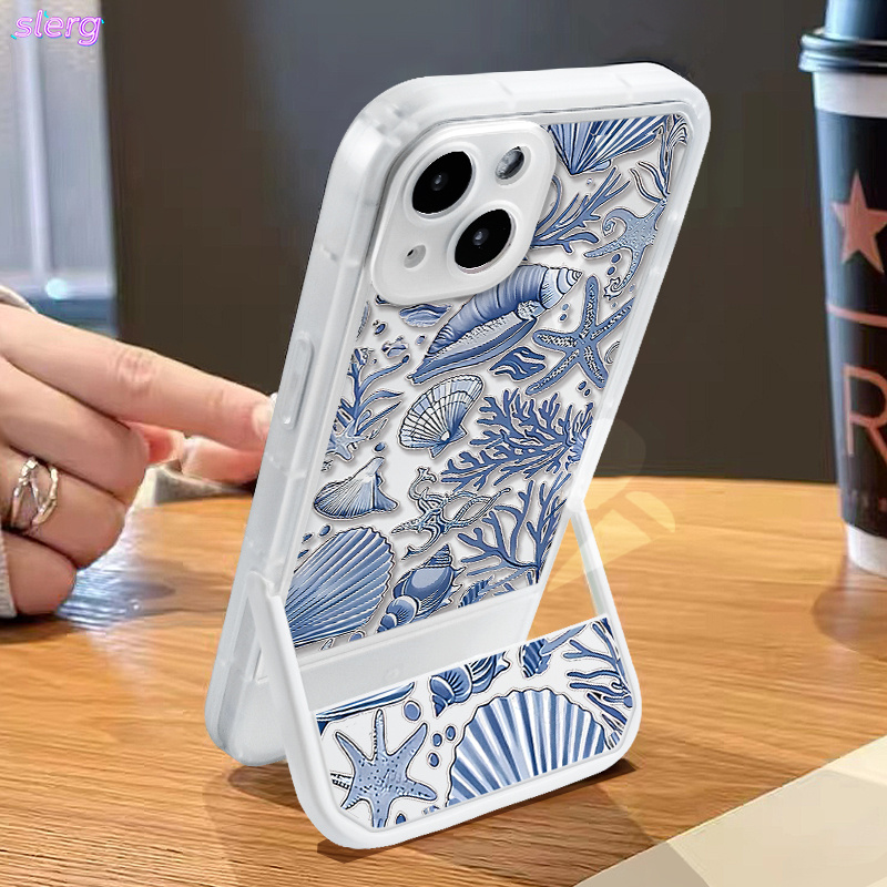 TEMU Phone Case: Blue And Life Print Stand Phone Case, Chinese Style/instagram Style, Full Coverage Drop-proof, Suitable For Iphone