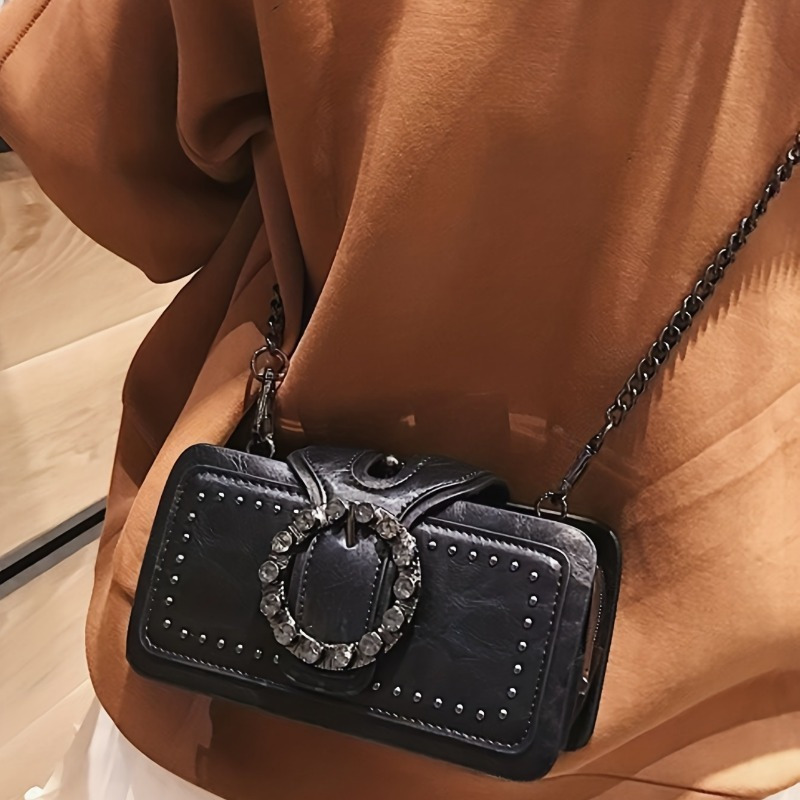 

Women's Punk Style Crossbody Bag, Leather Shoulder Bag, With Rhinestone And Rivet Detail, Zipper Closure, Polyester , Hand Washable, For Festivals