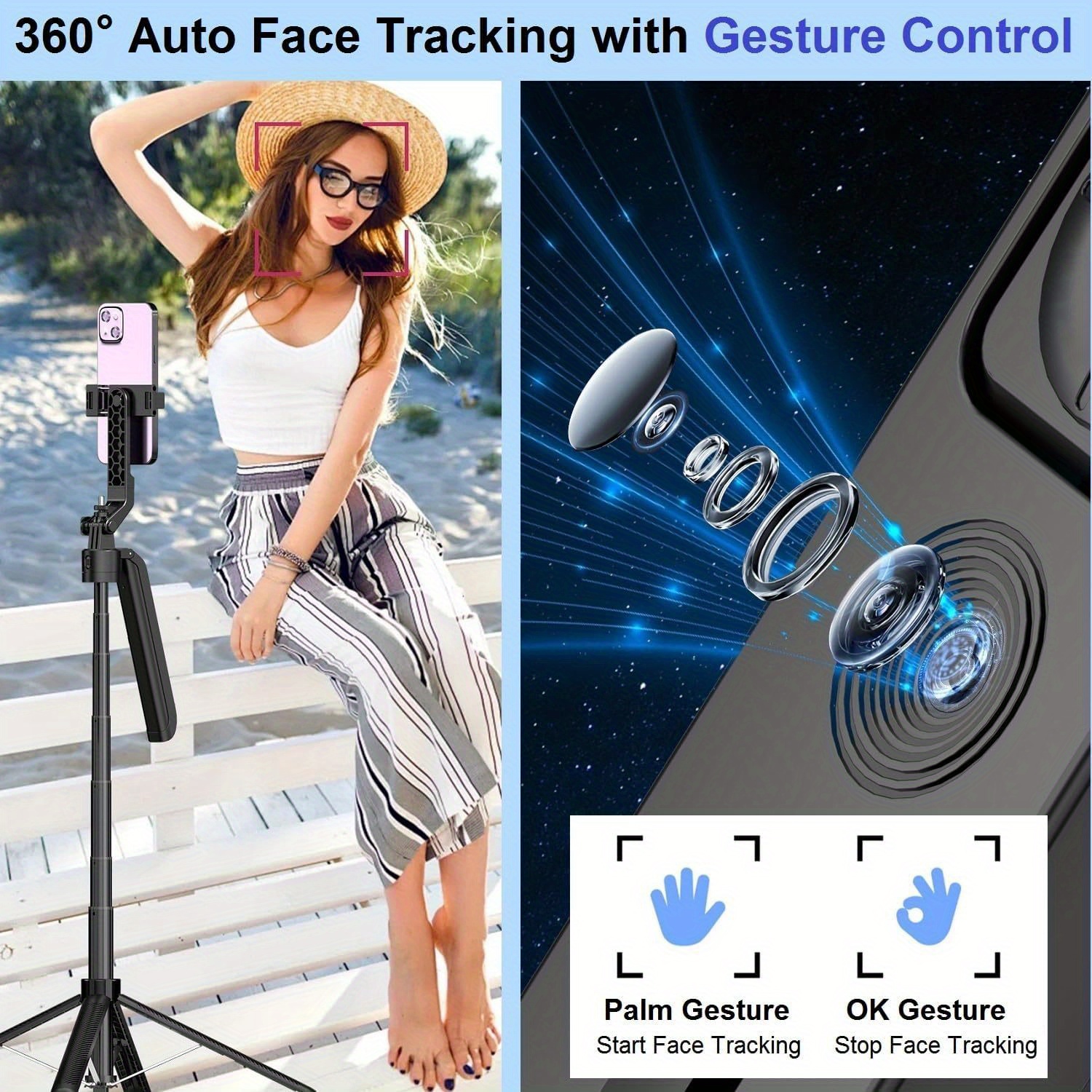 360° Auto Face Tracking Tripod - Extendable Smart Phone Holder with Motion Detection, USB Rechargeable, for Android/iOS Phones, Ideal for Sports & Events, Event Tracking | 360° Rotation | Wireless Connectivit
