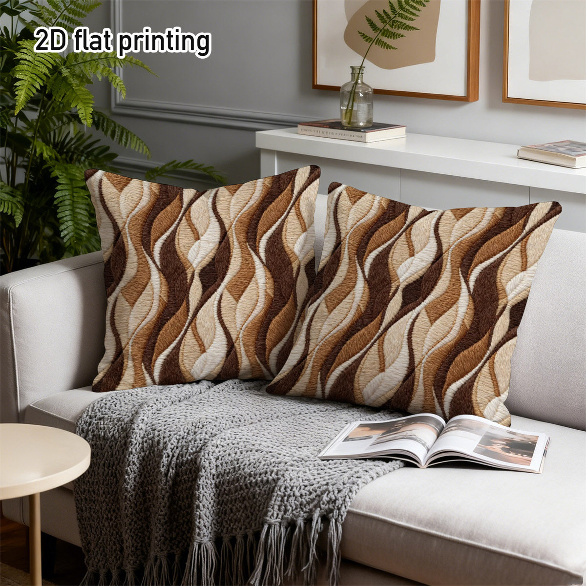 TEMU 2d Flat 2pcs Embroidery Style Throw Pillow Covers, Duplex Prints Elegant Brown Cream Swirls, Perfect For Modern Sofa, Cozy Bedroom, Space, For