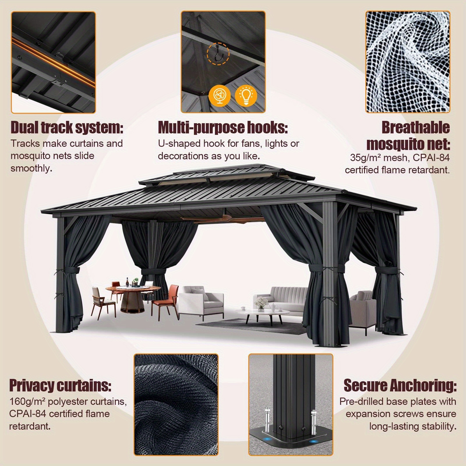 10x15ft heavy duty hard roofed   outdoor   for patios and backyards heavy duty   with aluminum frames   with galvanized steel double roofs flame retardant curtains and mesh thicken frames sturdy and durable Product details 5