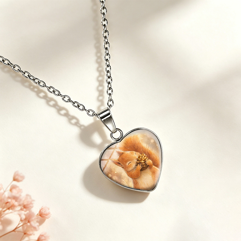 Handmade Watercolor Squirrel & Pinecone Glass Cabochon Necklace