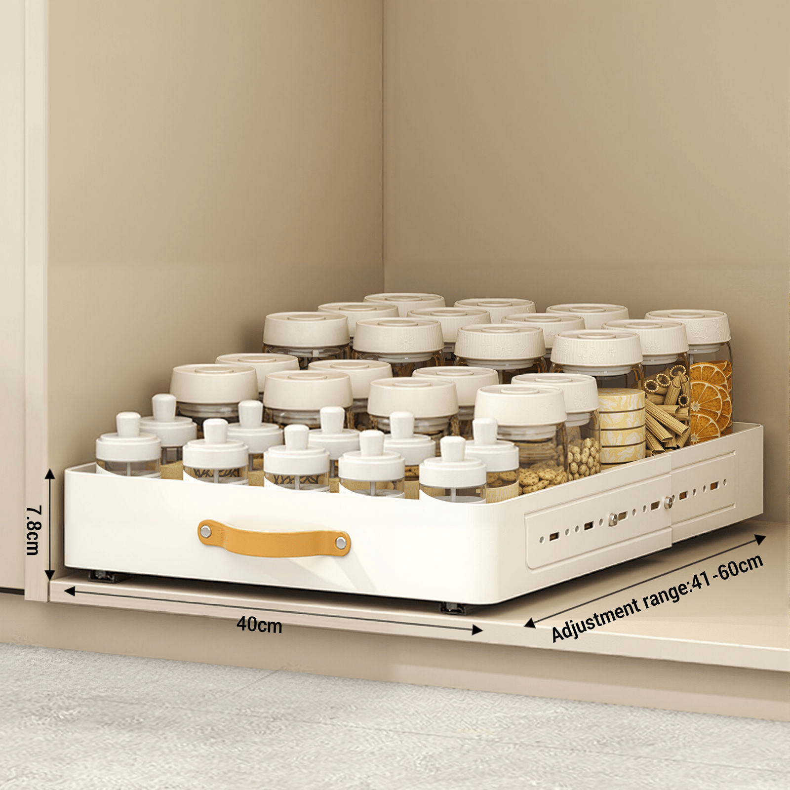 TEMU Pull Out Cabinet Organizer Drawer - Adjustable Slide-out Storage Shelf With Handle & Adhesive, Extendable Shelf, Under Basin Storage For Kitchen
