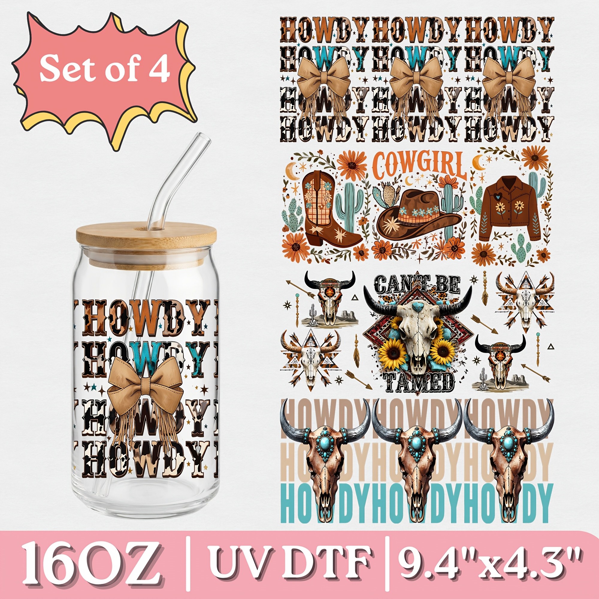 TEMU 4pcs Set 16oz Glass Cup Wrap Uv Dtf Transfer, Western Cowgirl Howdy Leopard Print Bow, Turquoise Sunflower, Waterproof Friction, Suitable For