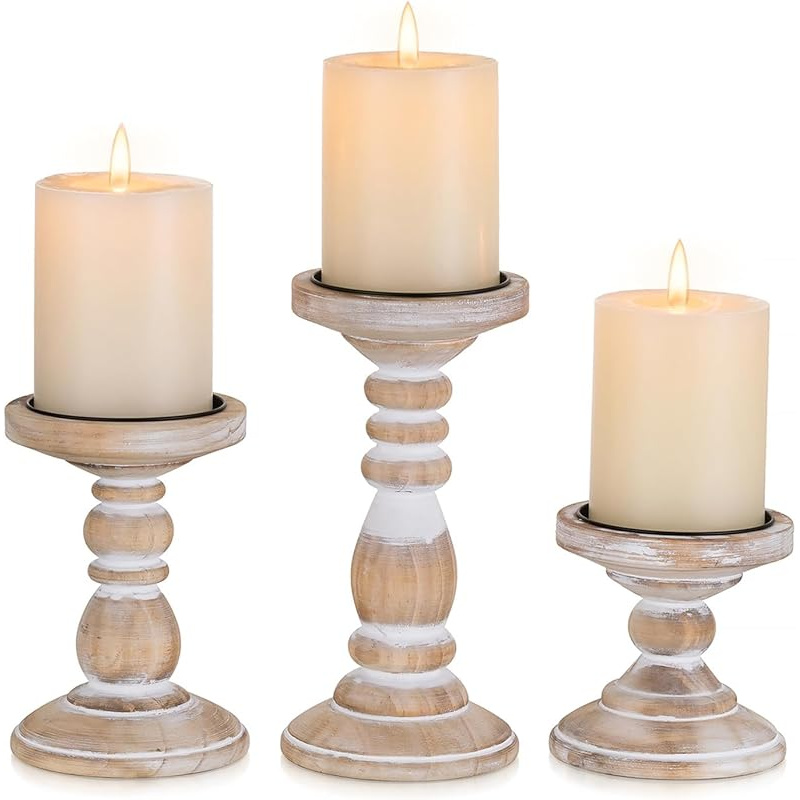 TEMU Wooden Candle Holder - Bead Style - Light Burn White - Sizes Xs+s+m - Set Of 1 (3pcs)