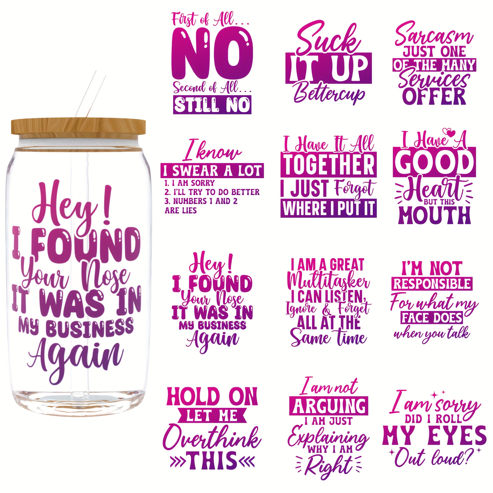 TEMU 12pcs/set, Sarcastic Series Design Uv Dtf Packaging, Glass Cup, Craft ( For Uv Packaging, 16oz Not Sold)