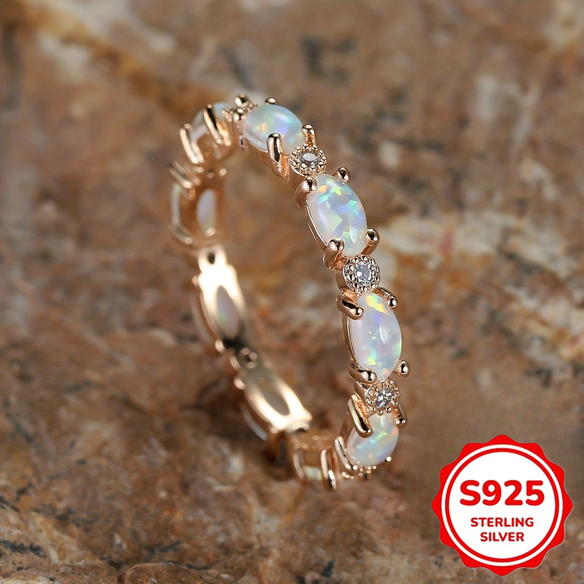 TEMU 925 Sterling Silvery Eternal Ring Egg Shaped Inlaid Synthetic Opal Engagement/ Wedding Ring High-quality Jewelry Perfect Gift For 2.2g/ 0.08oz