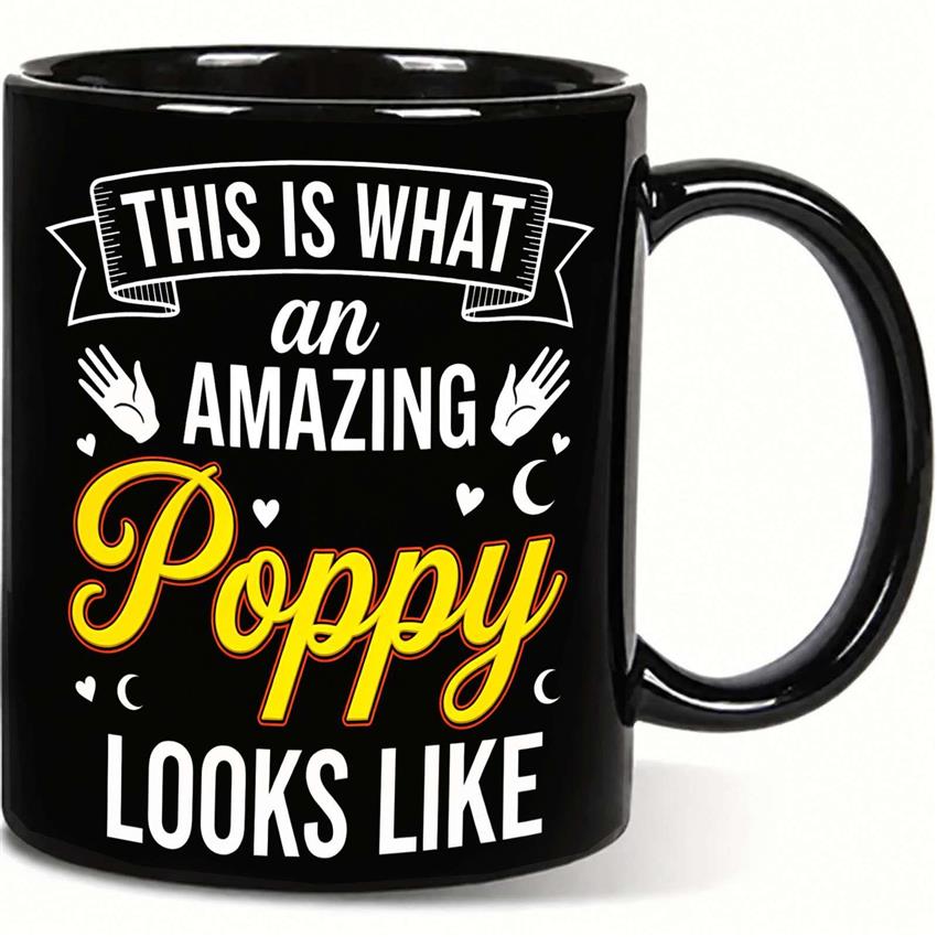 TEMU 11oz Black Ceramic Coffee Mug Suitable For - Elegant Poppy Design, Oval Cup, Ceramic Mug For Tea/coffee/juice, Hand Wash Only Gift For