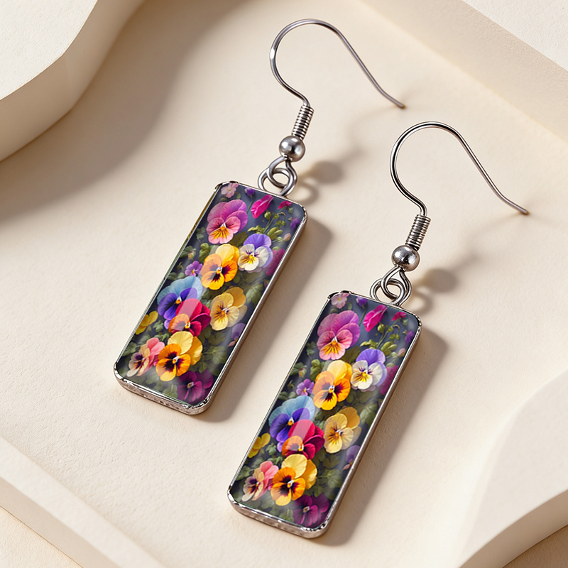 TEMU 1 Pair A Of Pansies Rectangular Earring Fashion Dangle Earrings Handmade Glass Dome Jewelry, Without Battery