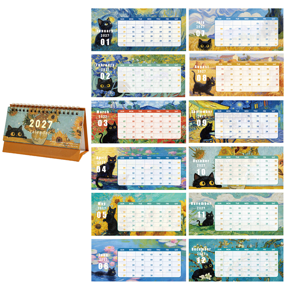 TEMU 2027 Painting Desk Calendar Sunflower And Black Cat Monthly Calendar Compact Size With Daily Weekly Monthly Pages, For Office And Home, Schedule