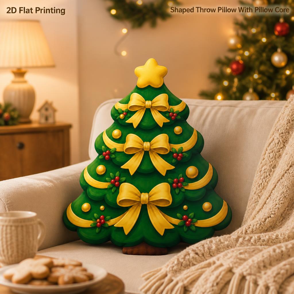 TEMU Elegant Evergreen Christmas Tree With 2d Flat Printing Shaped Stuffed Throw Pillow, Perfect For Sofa Bedroom Living Room Decor For Office And