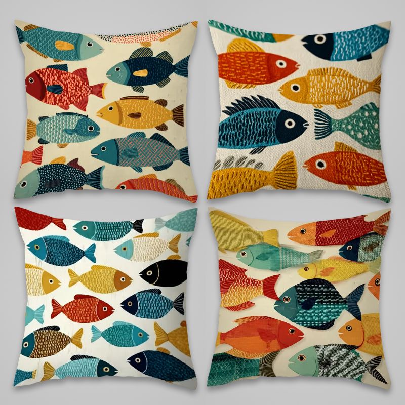 TEMU Lot de 4 housses de coussin à motif de poissons colorés avec fermeture éclair, pour décoration de canapé et accessoires de maison, 17,72*17,72