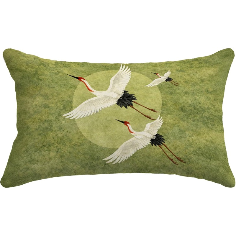 TEMU 1pc Olive Green Flying Crane Waist Pillow Cover, Watercolor Circular Print, Zen-inspired Rectangular Decorative Throw Pillow, Suitable For