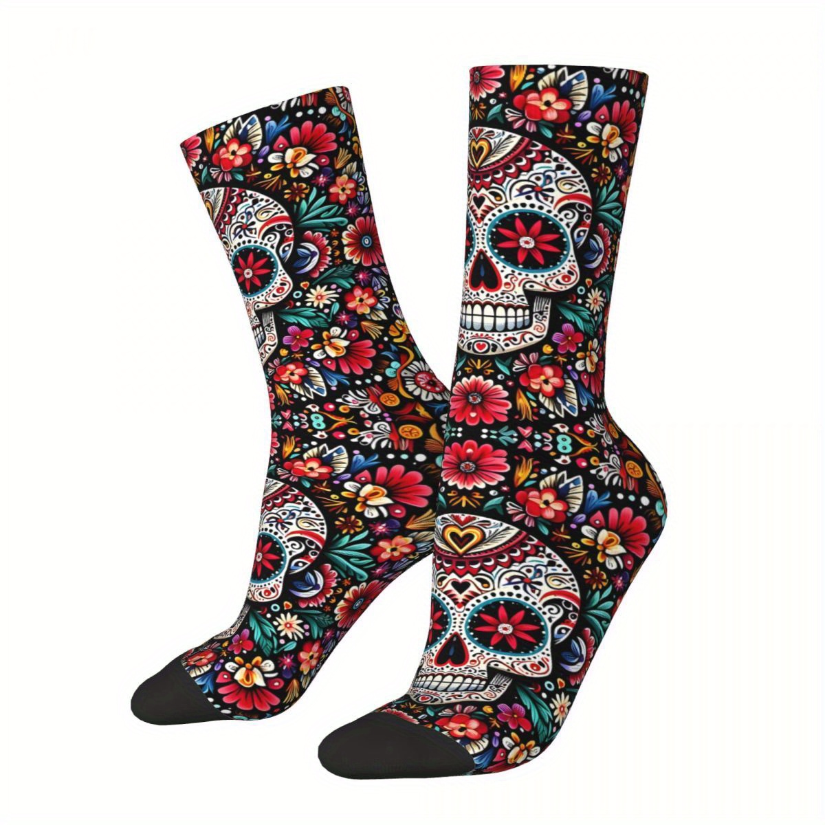 

1 Pair Biihudu Men's Vibrant Mexican Skull Knee-high Socks - Floral & Skull Pattern, Comfy Polyester , Casual Wear, Casual Attire| Socks| Socks, Skull Socks