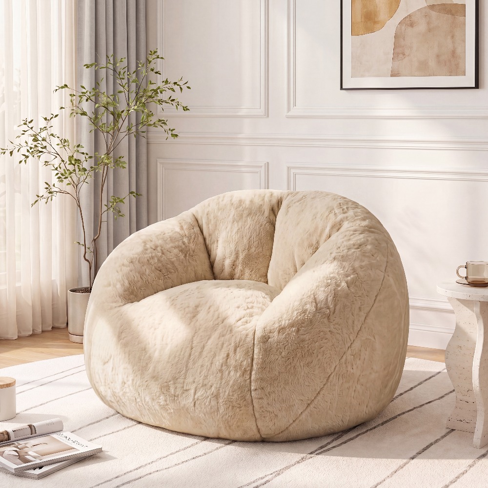 Image of Cloud-shaped Faux Fur Bean Bag Sofa For Adults, Touch And Memory Foam Filling, Spacious Comfy Chair For Living Room, Bedroom, And Dorm