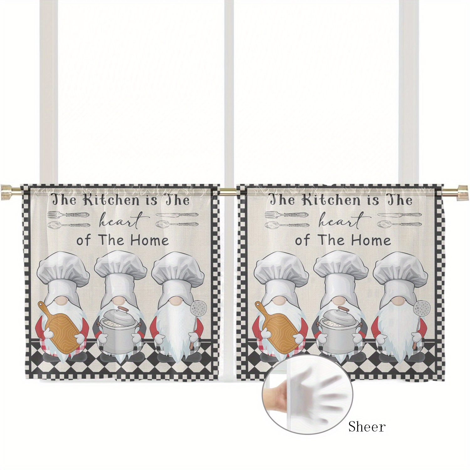 TEMU 2 Stück Vintage Chef Gnome Schleier Vorhang Set, Stangen Dekorative Vorhänge, Halbtransparente Kleine Vorhänge, Geeignet für Wohnzimmer, Küche,