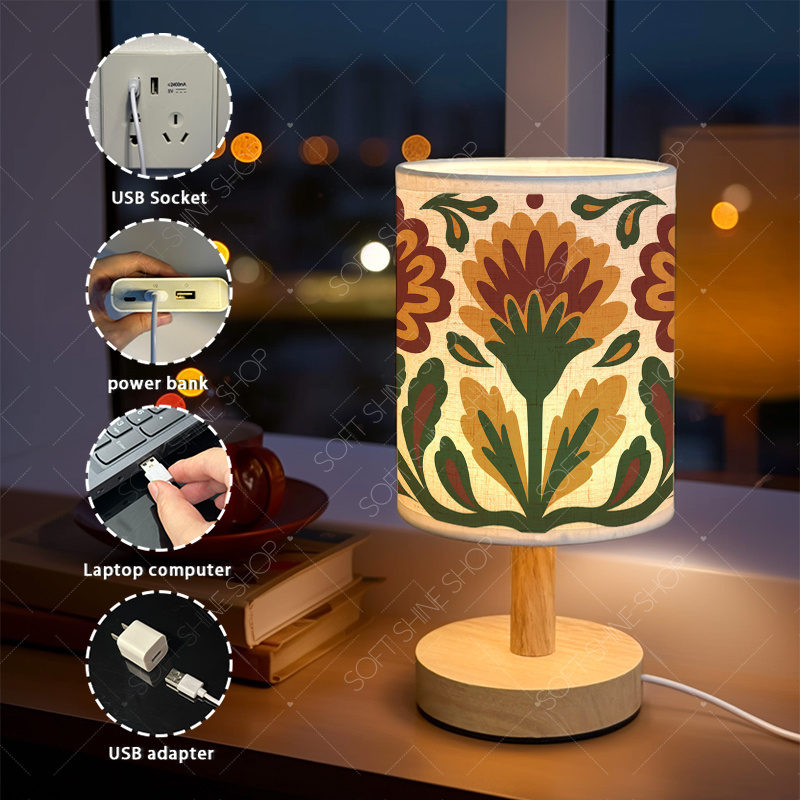 Printed Table Lamp with Fabric Shade, USB-Powered