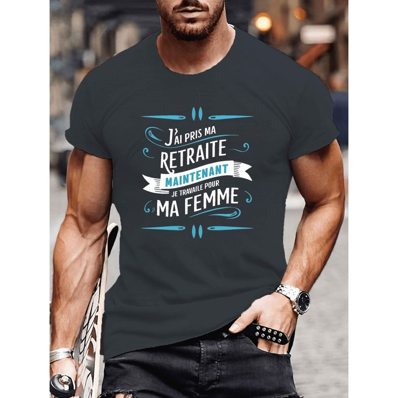 

T-shirt décontracté à col rond pour homme avec "Retraite Femme", motif géométrique, t-shirt d'été, tissu tricoté 100% polyester, légère extensibilité, coupe régulière - Noir