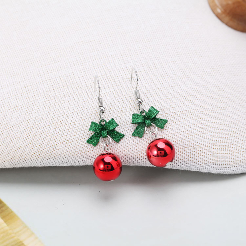 Long Green Bow Red Circle Earrings, Christmas Ornament Gift