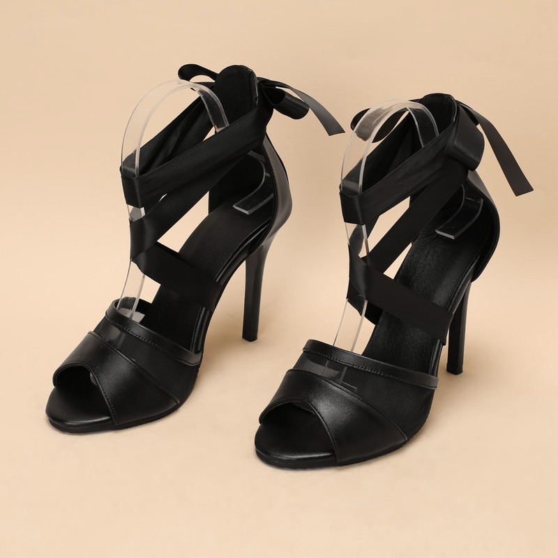 Image of Elegant Satin Lace Up Stiletto High Heel Sandals Women Satin Strappy Bridal Wedding Heels For Party Prom Evening Events, Women Shoes