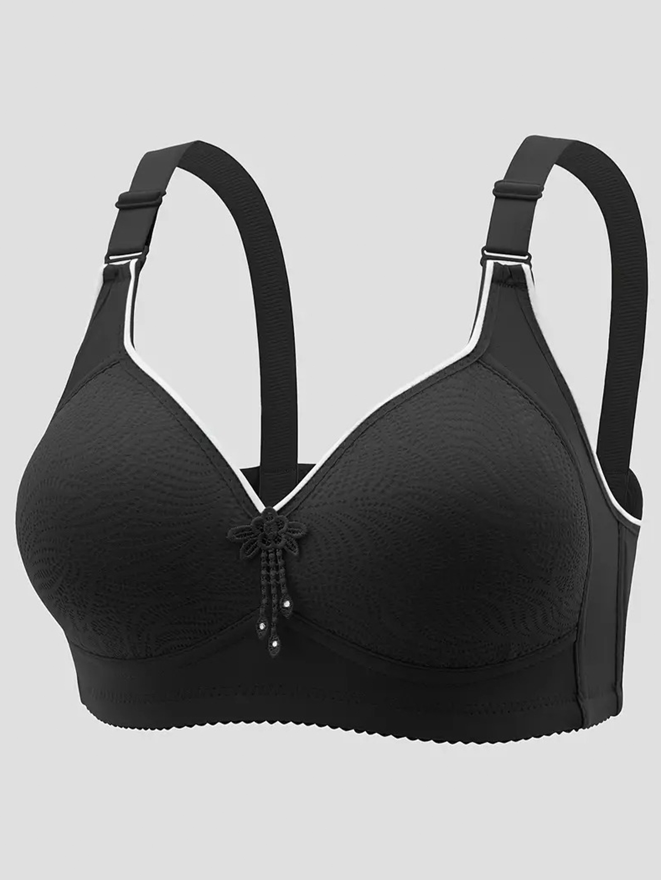 Women's Wireless Sports Bra - Lift Support, Adjustable Straps, Contrast Trim, Comfortable Casual Attire, Black with White Accents, Non-Removable Pads, Elegant Design for Lifestyles, Sports Lingerie | Contrasting Trim Design | Smooth Texture Fabric