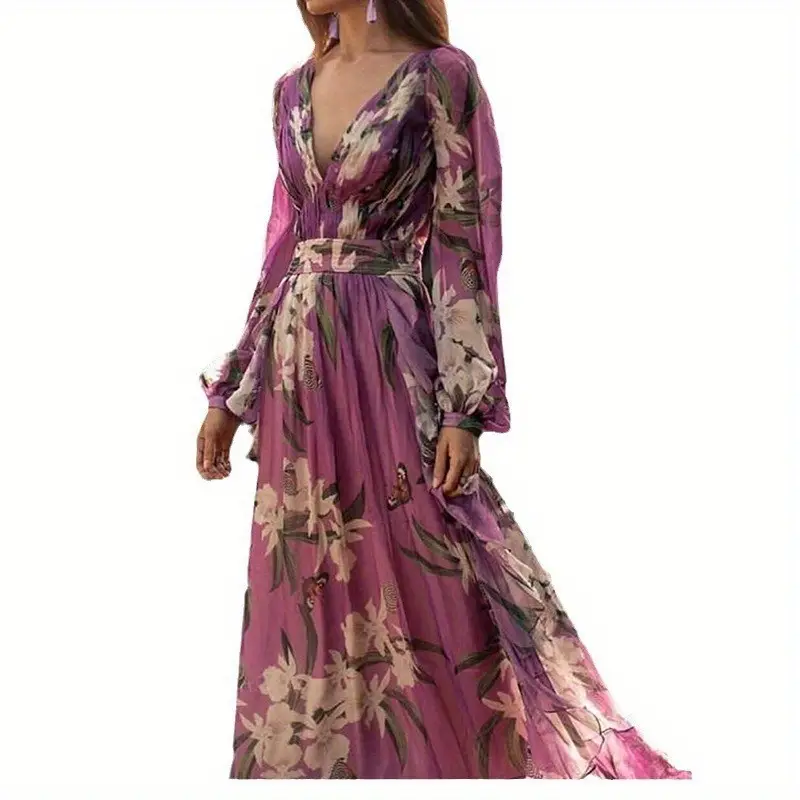 elegant printed v neck long sleeve swing dress Product details 5